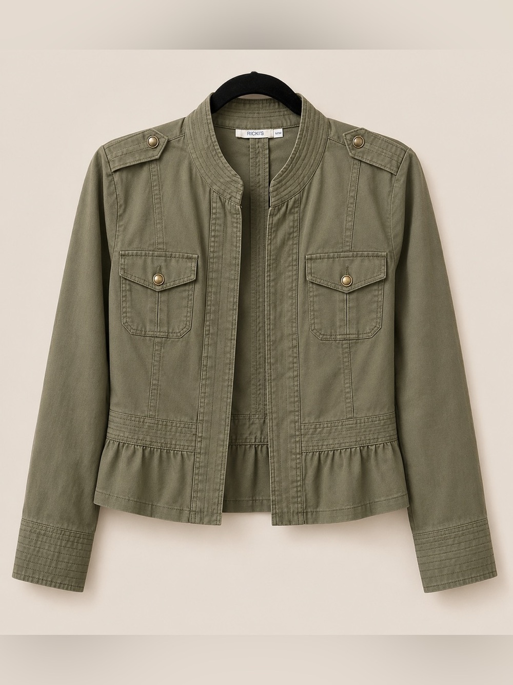 Olive Green Military Utility Jacket | Peplum Hem | Medium